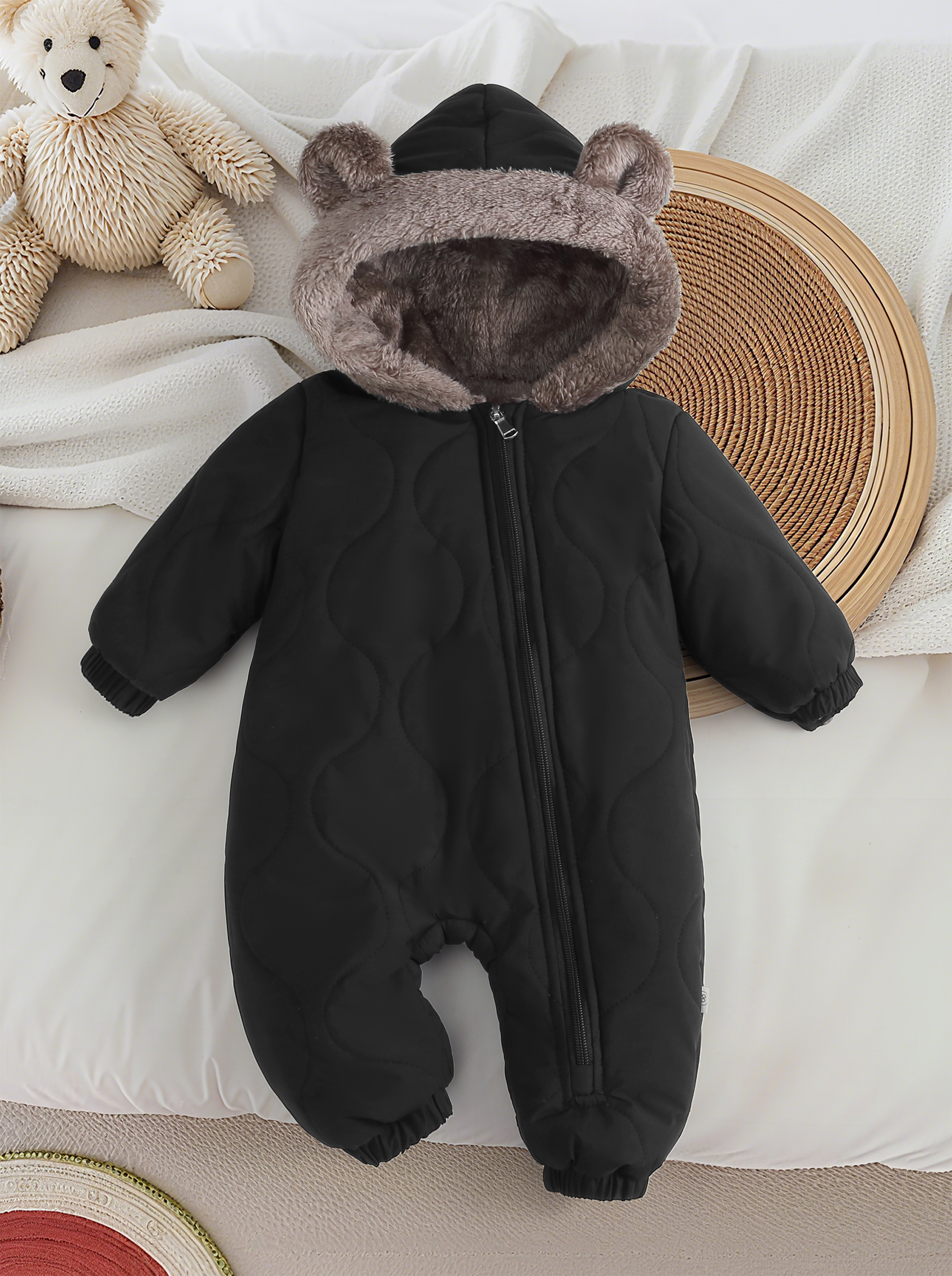 Kids Outdoor Jumpsuit - Infant Cartoon Bear Thickened Fleece Jumpsuit