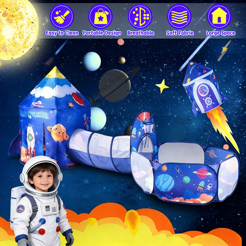 Kids Outdoor Tunnel - 3pc Space Ship Kids Play Tent,
